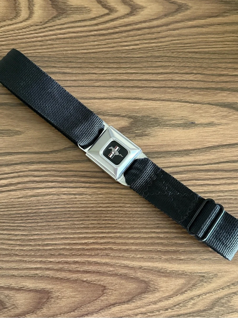 Ford Mustang Black Seatbelt-Style Belt with Chrome Pony Buckle